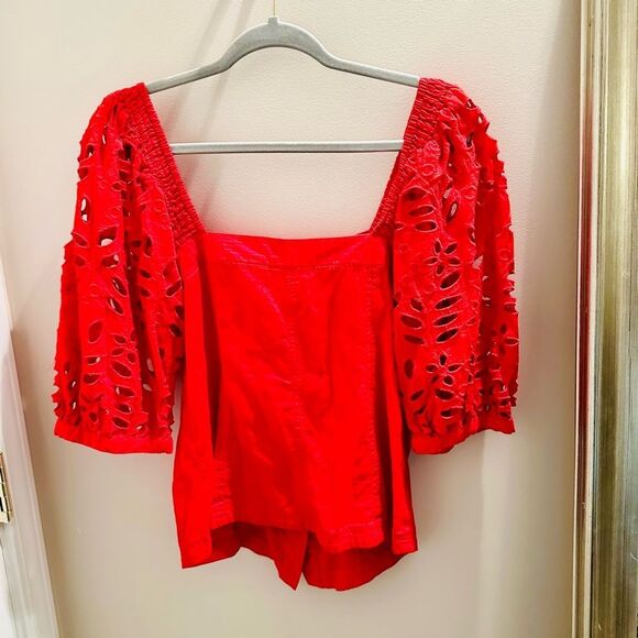 Anthropologie Maeve Red Button-Up Eyelet Top. - Picture 6 of 7